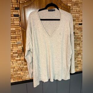 Polo by Ralph Lauren Wool blend grey muted logo v-neck sweater w/ side slits XL